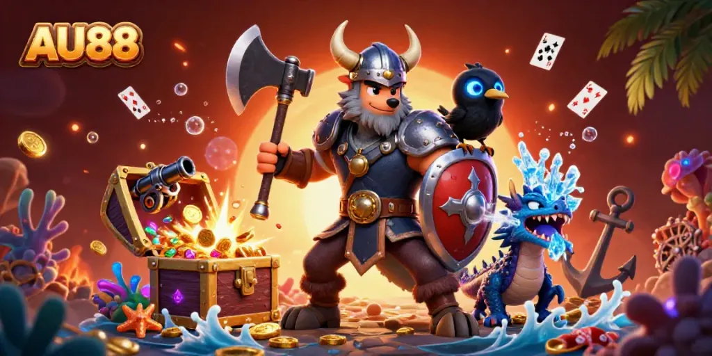 Win big with AU88 at this vibrant 3D casino adventure featuring a Viking wolf warrior and dragon.