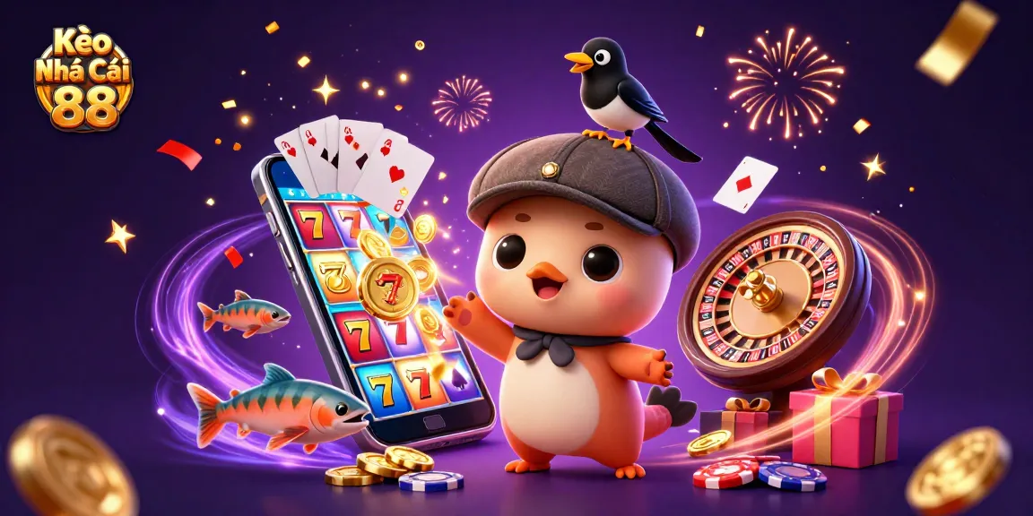 Kèo Nhà Cái 88 showcases a vibrant casino scene with playful characters, slot games, and exciting gambling elements.