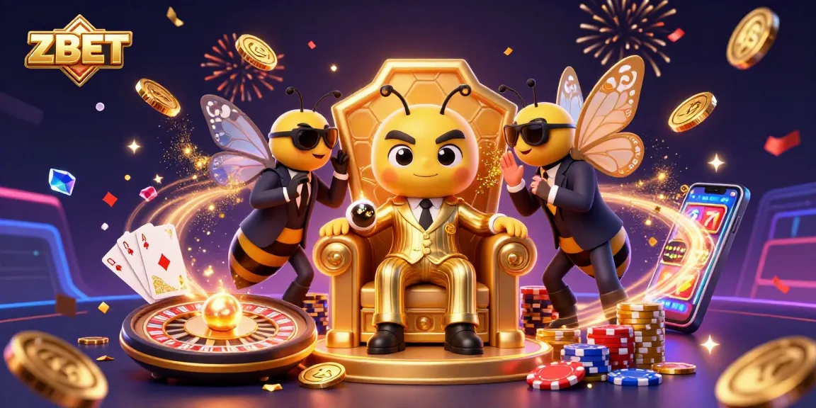 ZBET showcases a vibrant 3D casino scene with a bumblebee mob boss and golden treasures cascading.