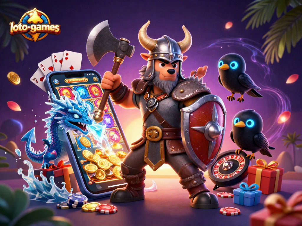 Engage with loto-games through a thrilling 3D battle scene featuring dynamic characters and vibrant casino elements.