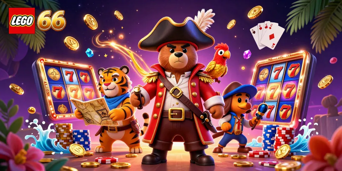 Experience the excitement of Lego66 with a pirate captain bear, lucky slot reels, and dazzling gems in a vibrant casino scene.