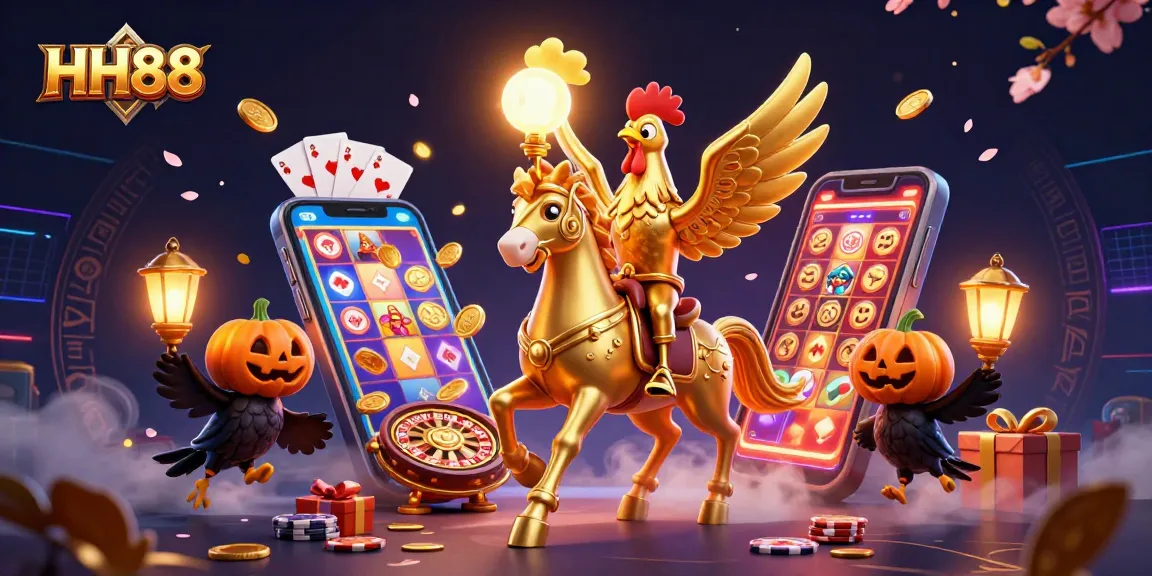 Spin slots at HH88 in an enchanting casino scene filled with golden coins and vibrant games.