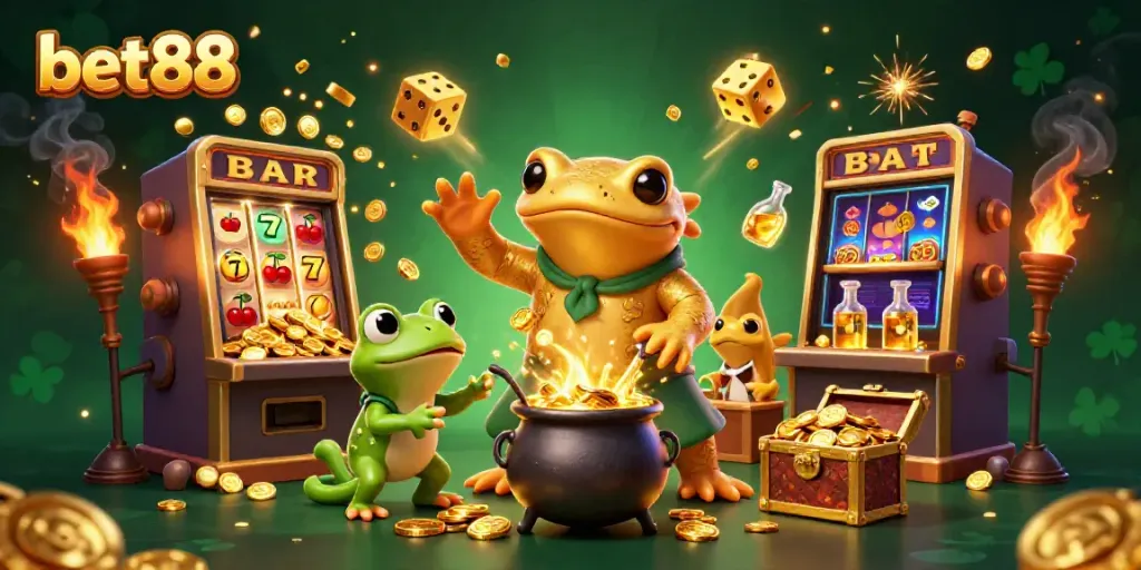 Experience thrilling gameplay with bet88 as golden coins explode from a slot machine in an enchanted scene.