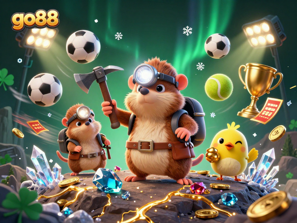 Engage with go88's thrilling gaming world, featuring a treasure hunter mole and sports elements in vibrant 3D.