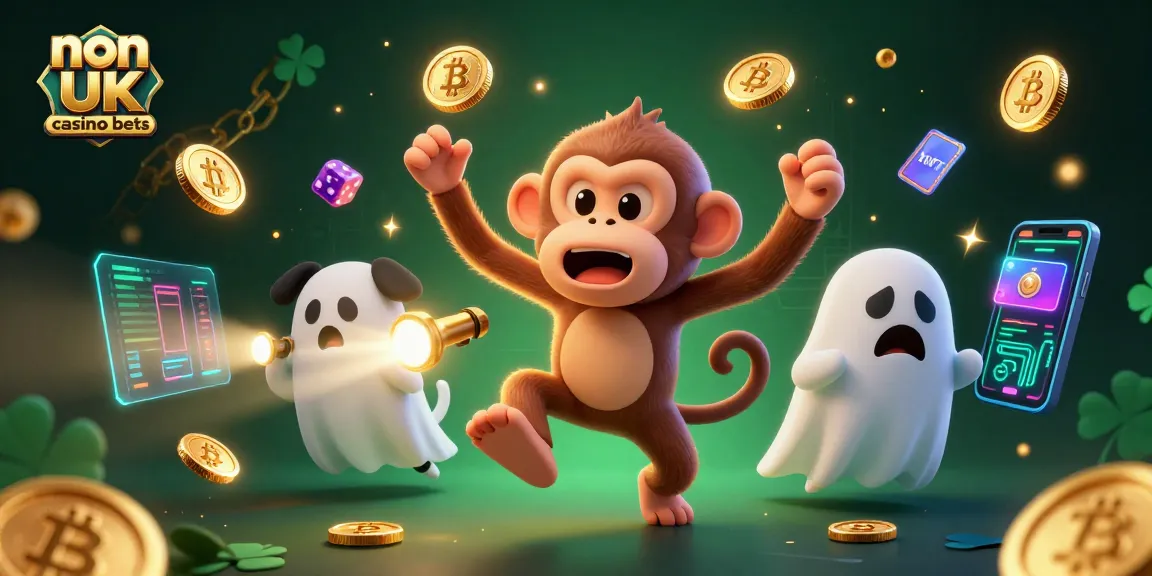 Experience thrilling non UK casino bets with a mischievous monkey and ghost-hunter puppy in a vivid casino scene.