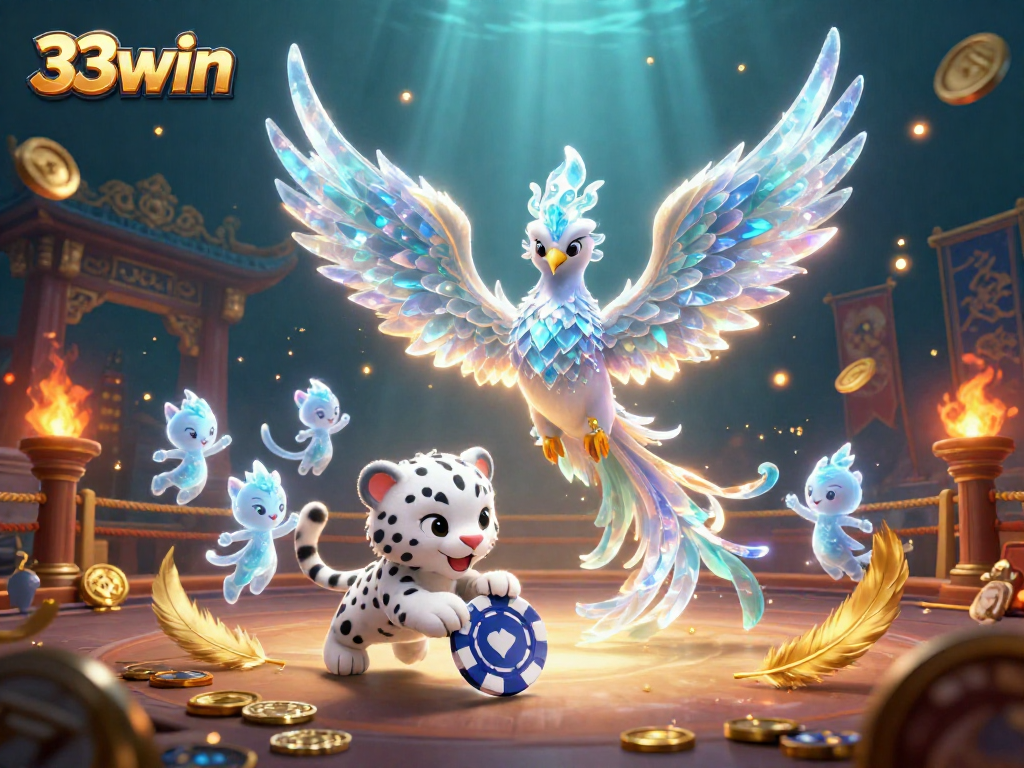 Engage with the thrilling 33win casino experience featuring an ice phoenix and vibrant casino elements.