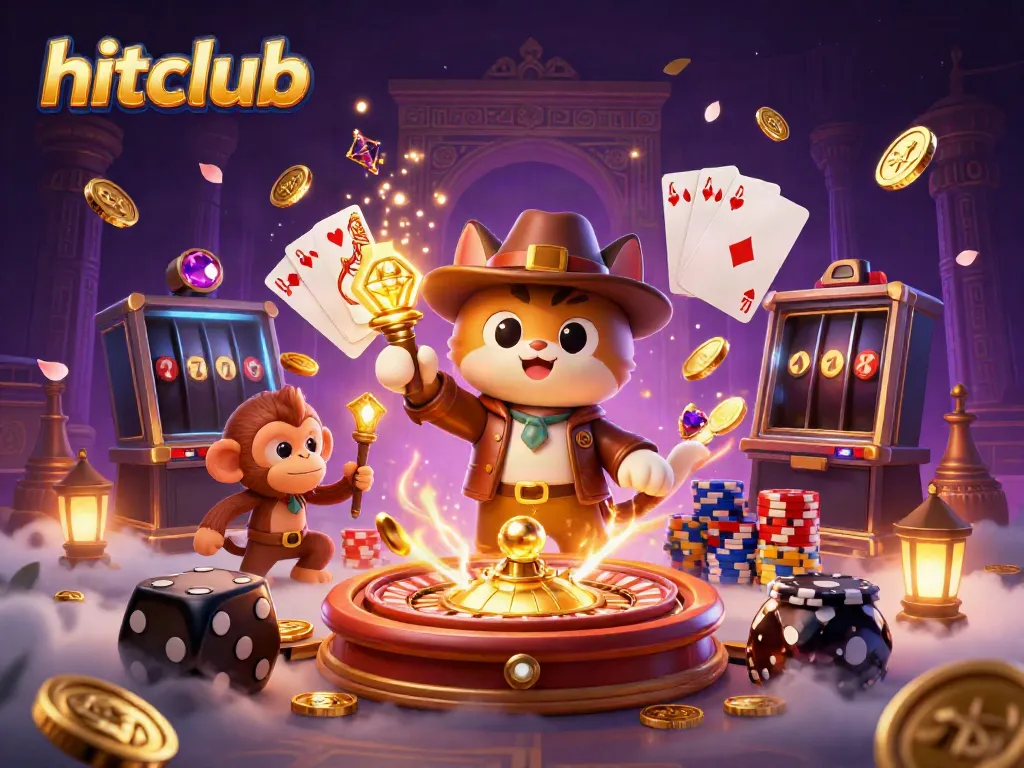 Join the cat explorer at hitclub discovering a golden casino artifact amidst rolling dice and sparkling gems.