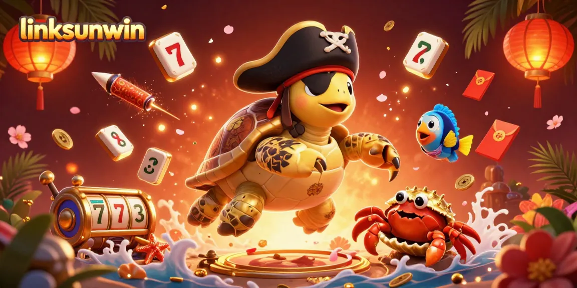 Engage with linksunwin in a vibrant casino scene featuring a turtle, crab, and parrotfish amidst treasures.