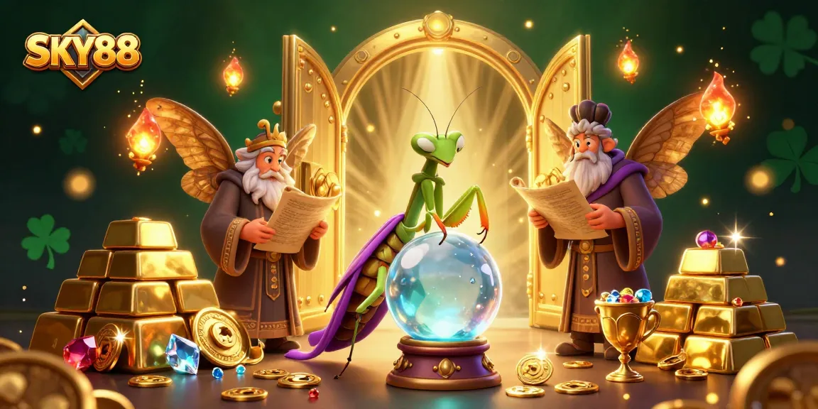 Join the excitement with SKY88 as a praying mantis fortune teller unveils jewels in a magical casino scene.