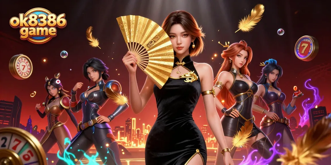 Engage in the thrilling ok8386 game as a captivating Asian woman stands in a vivid 3D casino scene filled with slot reels and golden treasures.