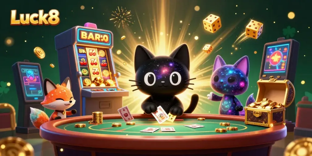 Luck8 online casino features an engaging scene with cosmic characters winning at a slot machine and table games.