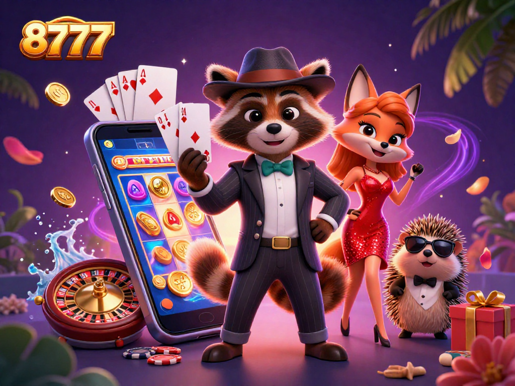 Experience thrilling games at 8777 with raccoon and fox companions in a vibrant casino atmosphere.