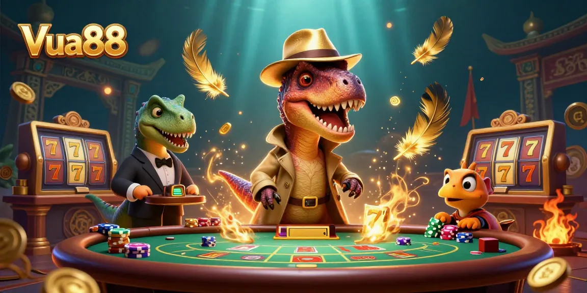 Vua88 players experience casino excitement with cartoon dinosaurs at a blackjack table, showcasing thrilling gaming action.