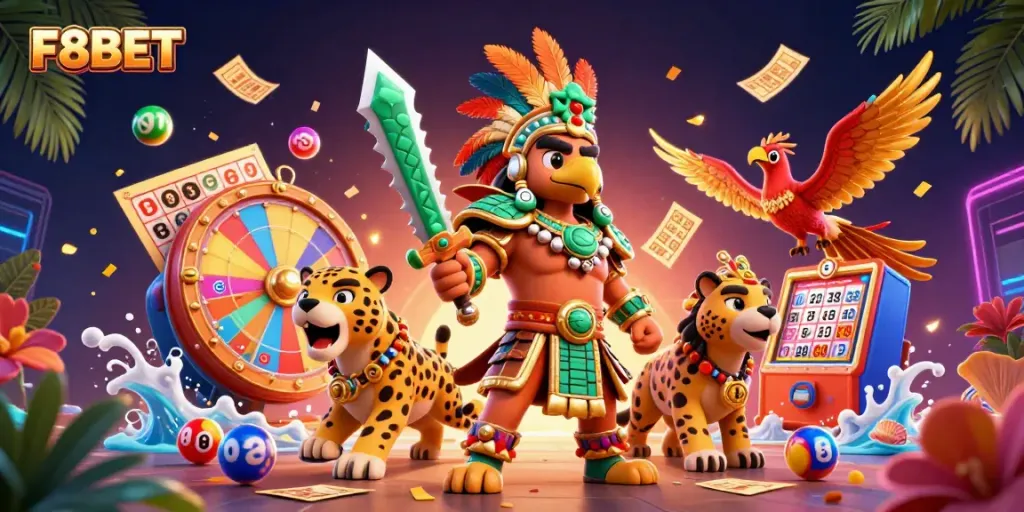 Experience F8BET with a vibrant 3D casino scene featuring warriors, lottery elements, and dynamic energy.