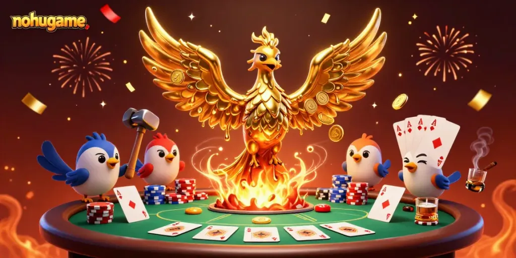 Win big at nohugame with a golden phoenix emerging amidst poker chips and vibrant casino celebrations.