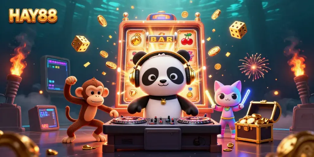 Spin to win at HAY88 with dynamic 3D characters celebrating a jackpot explosion!