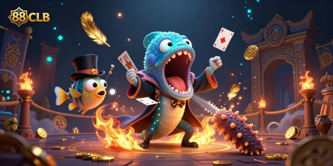 Engage with 88CLB's vibrant online casino magic scene featuring 3D characters performing card tricks surrounded by exciting gambling elements.