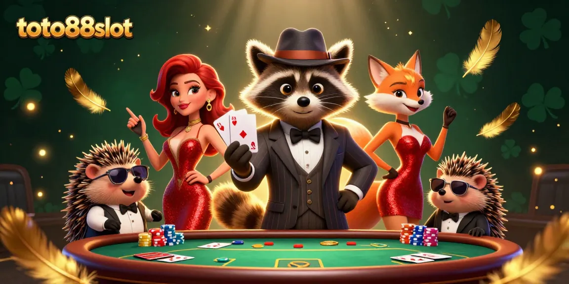 Toto88slot features engaging poker gameplay with a suave raccoon and charming characters in a vibrant casino scene.