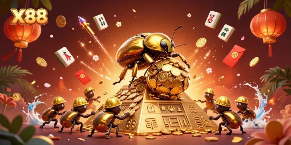 X88 showcases a vibrant cartoon beetle scene with gold coins and lively casino elements.