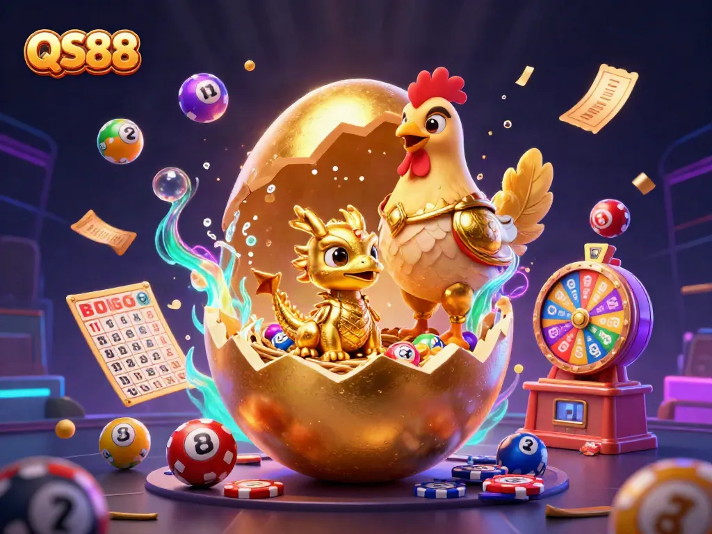 Engage with QS88's thrilling atmosphere showcasing vibrant lottery elements and a golden dragon in 3D.