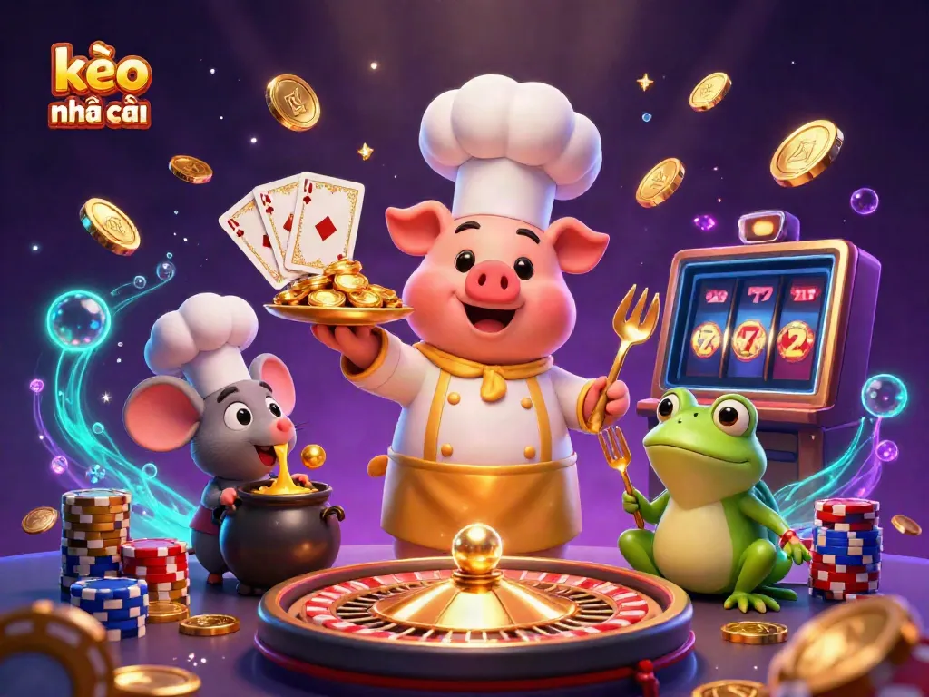 Experience kèo nhà cái with mesmerizing golden coins and charming characters in a vibrant casino scene.