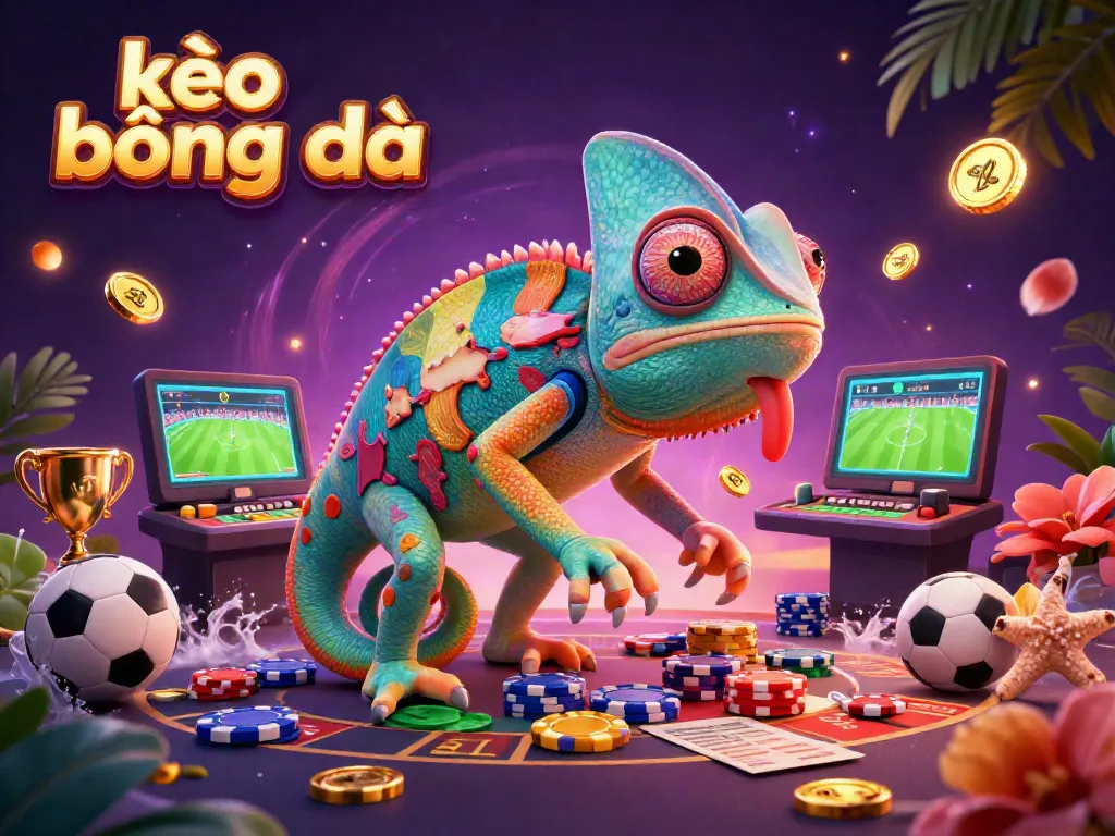 Engage in the exciting world of kèo bóng đá with a vibrant 3D illustration of our chameleon casino owner amid sports betting elements.