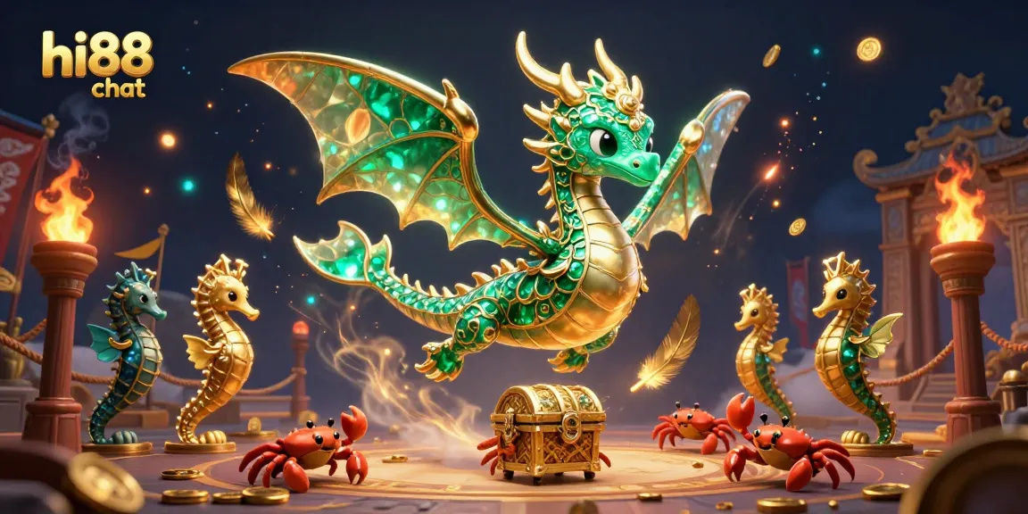 Engage with hi88 chat for thrilling casino experiences, featuring animated sea dragon and treasure elements.