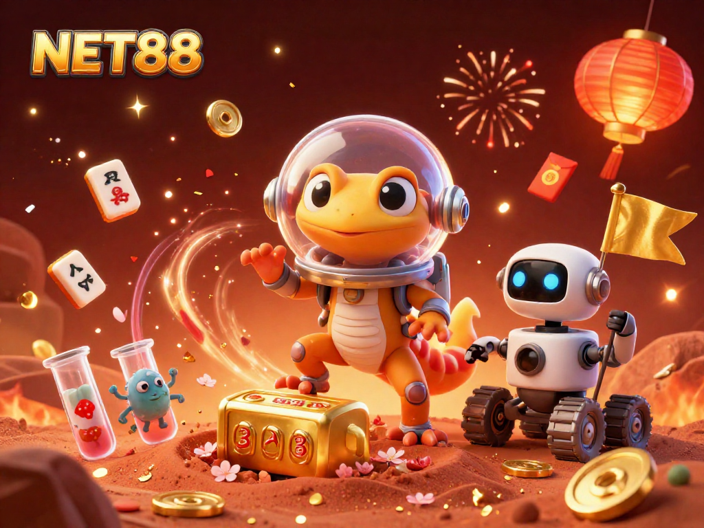 Engage with NET88's thrilling casino scene featuring Martian characters and festive elements.