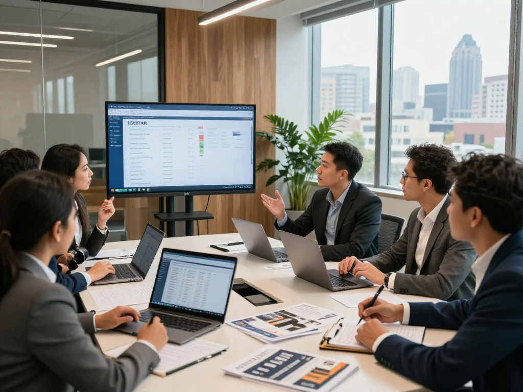 Real estate professionals collaborating on IDXSTAR listings in modern office setting.