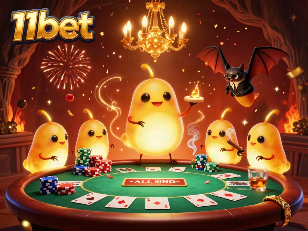 Experience the vibrant allure of 11bet with glowworms illuminating a dynamic casino scene.