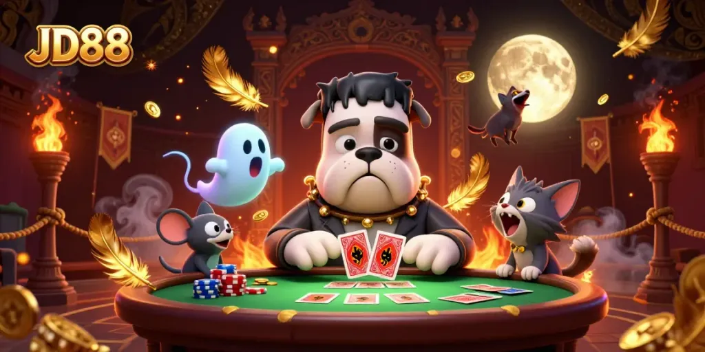 JD88 features a festive scene with a bulldog dealer and playful characters at a casino table, showcasing vibrant gambling elements.