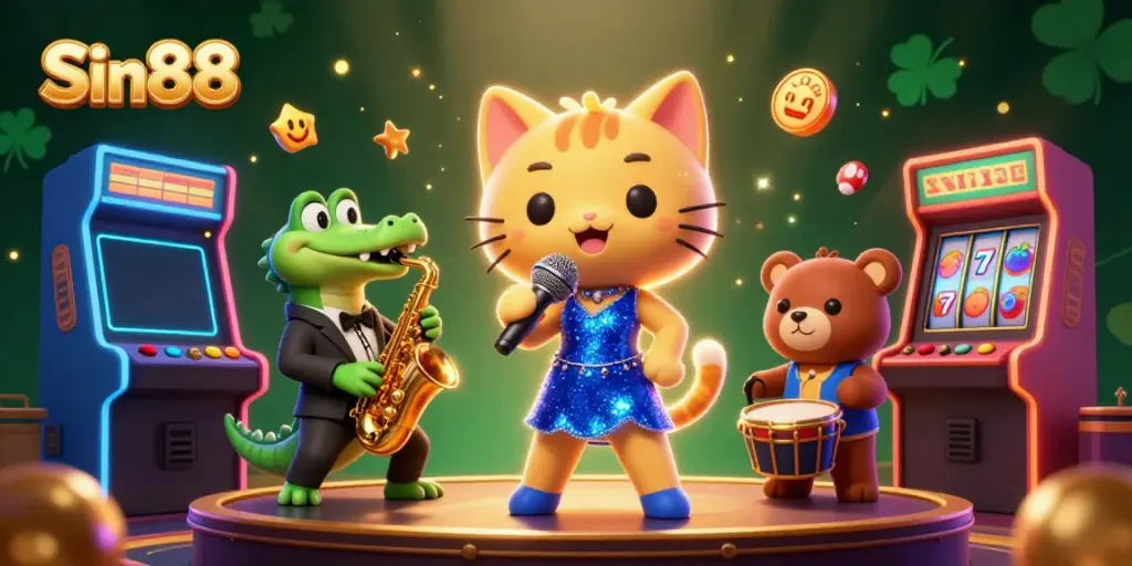 Engaging Sin88 casino scene with animated characters performing on stage amid dynamic slot machines and glowing game elements.