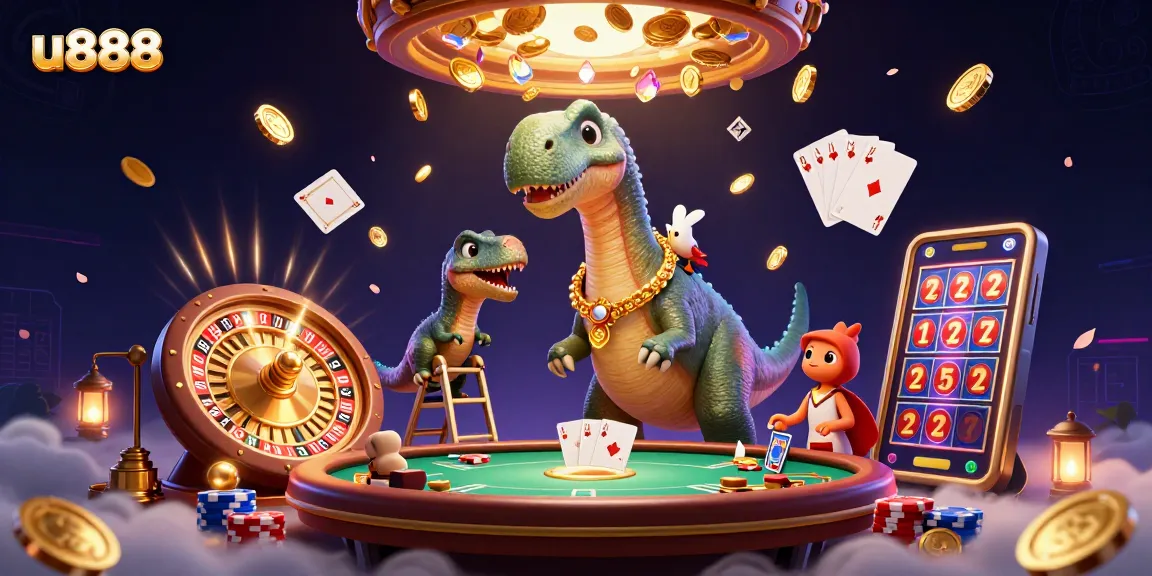 Experience thrilling casino action with u888, featuring a massive brontosaurus and fun games around it.