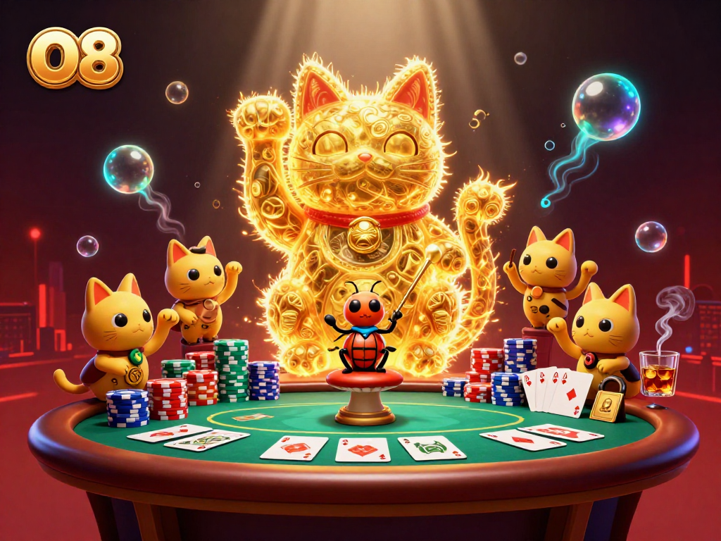 Engage with O8’s vibrant casino atmosphere filled with a lucky cat, colorful poker chips, and dynamic game elements.