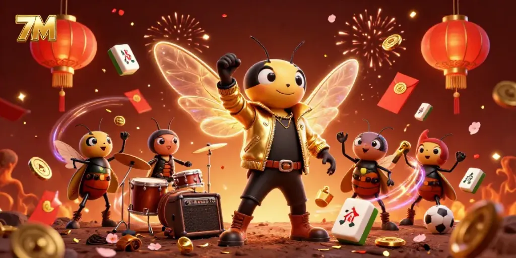 Experience thrilling sports betting with 7M, featuring vibrant cartoon characters amid dynamic casino elements.