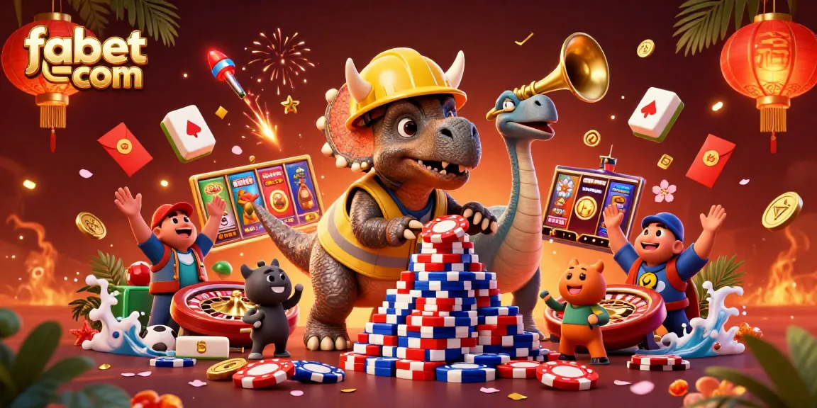 Experience excitement at fabet com with a triceratops building poker chips amidst dynamic casino elements.