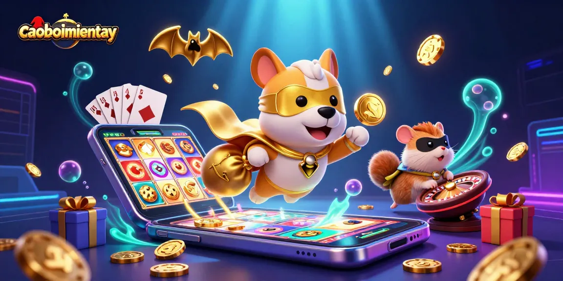 Experience thrilling gameplay in caoboimientay with a superhero dog and hamster amidst golden coins and poker symbols.