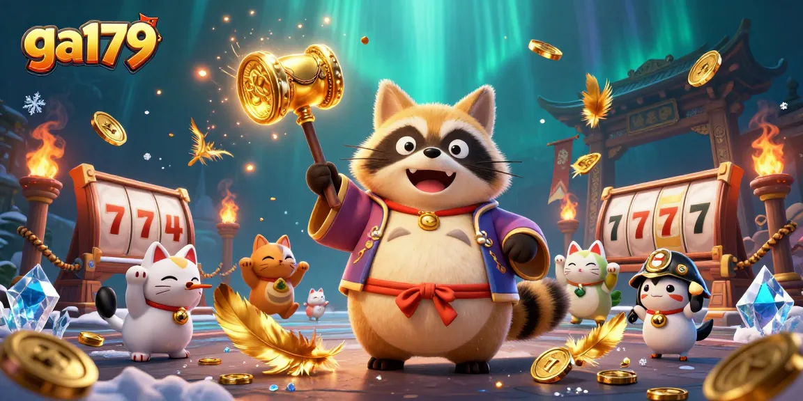 Experience the thrill of ga179 gaming with joyful tanuki characters and vibrant slot elements in an immersive scene.