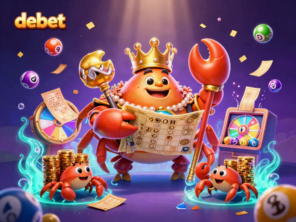 Engage with the dynamic debet gaming scene featuring colorful lottery vibes and a golden crab emperor surrounded by exciting gaming elements.