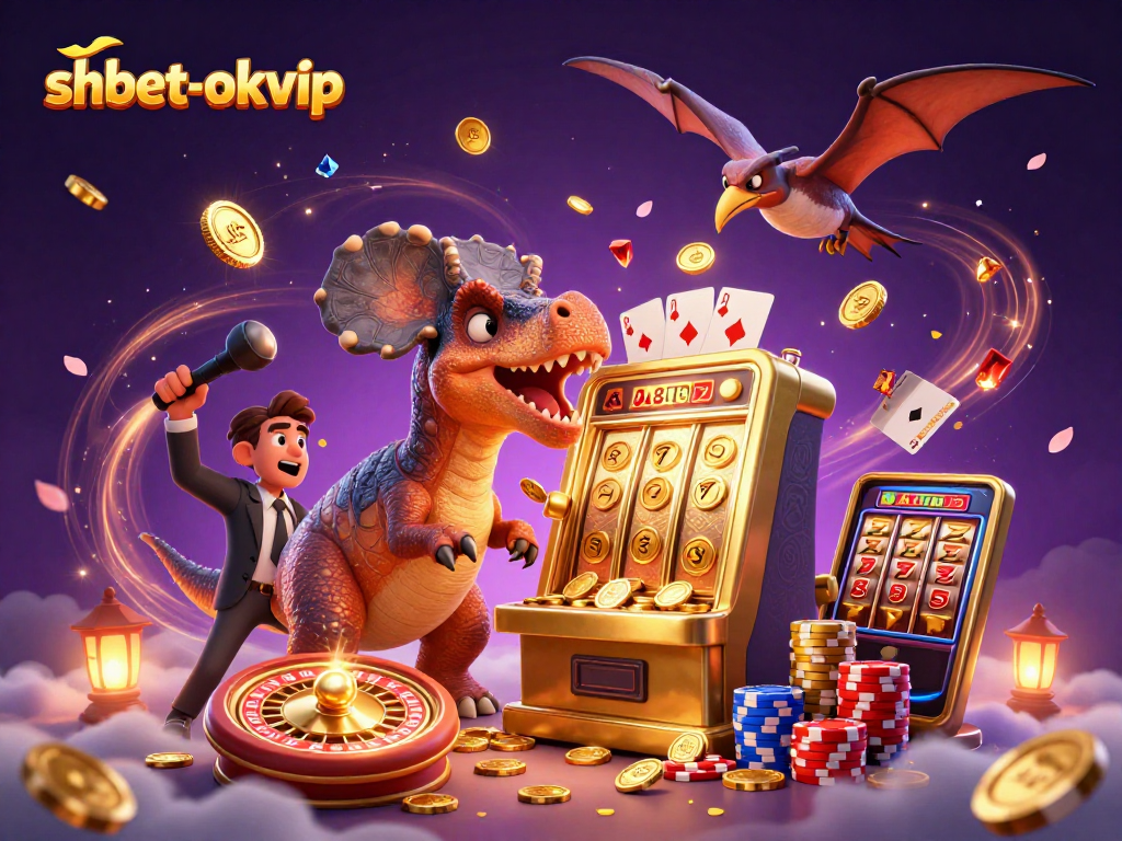 Experience the excitement of shbet-okvip with cartoon dinosaurs in a bustling casino scene, winning jackpots.