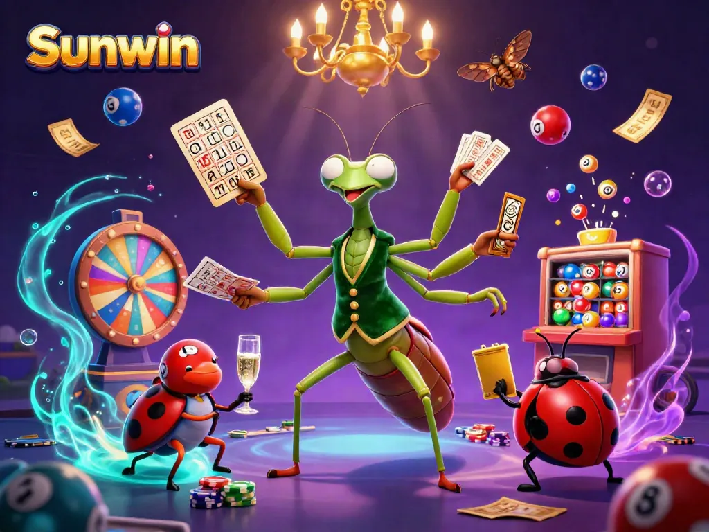 Sunwin illustrates a lively casino scene with a giant card sharp and vibrant gambling elements.