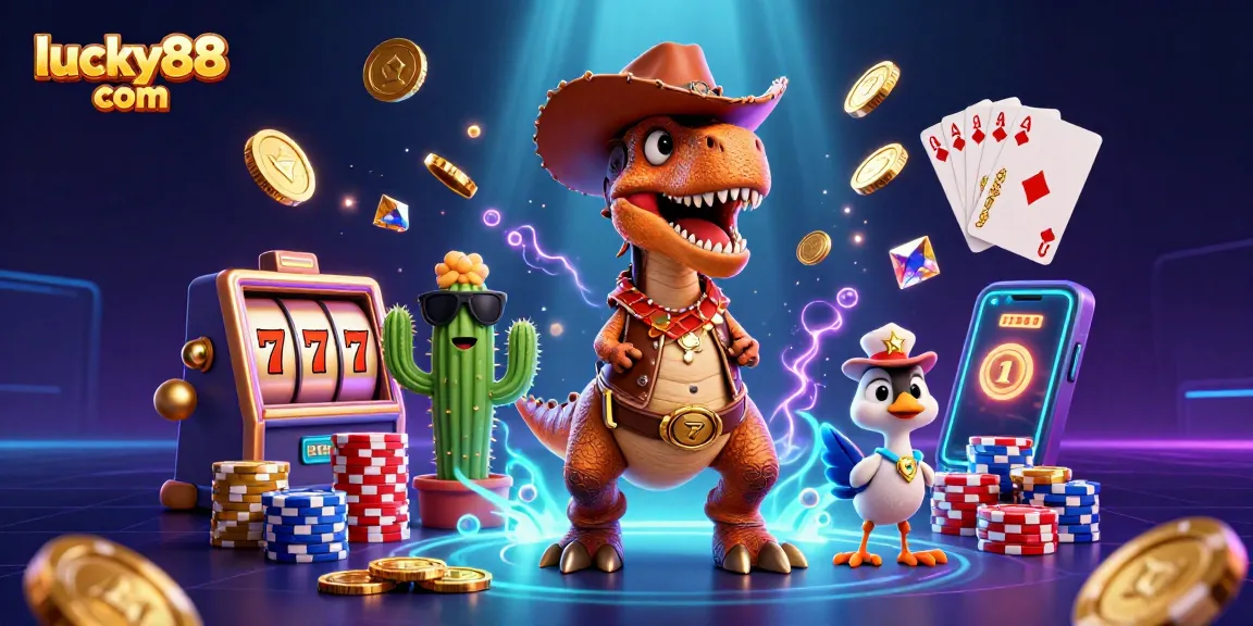 Experience the excitement of lucky88 com with a dynamic T-Rex and friends surrounded by casino elements.