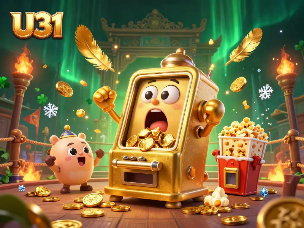 U31 slot machine hits a jackpot with coins pouring out, surrounded by cheering baby slots and gold.