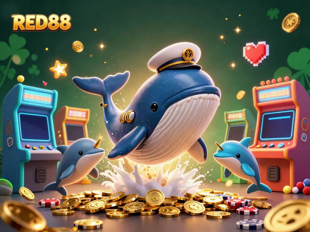 Join the action at RED88 with a whimsical 3D illustration featuring a whale, narwhal, and dolphins in a vibrant casino environment.