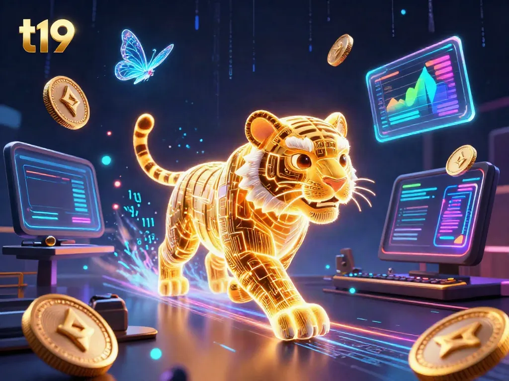 Engage with t19's dynamic digital casino scene featuring a neon tiger and holographic elements.