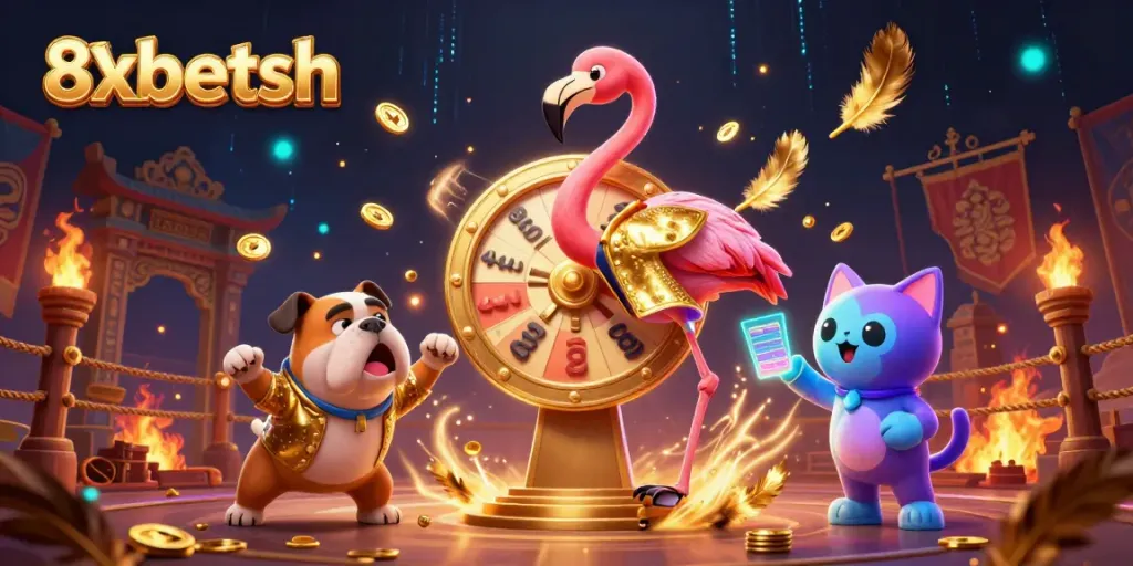 Engage with 8xbetsh in a vibrant casino scene featuring a flamingo host and an excited bulldog contestant.