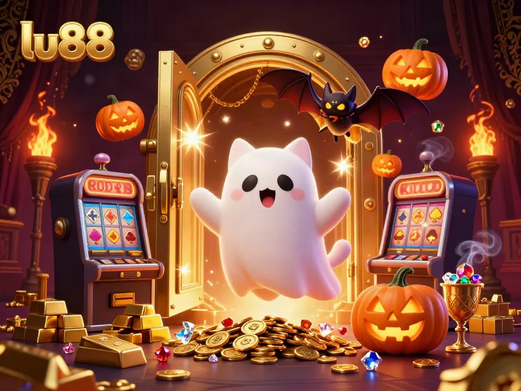 Join the fun at lu88 with a ghost cat and bat in a haunted casino, surrounded by treasure and excitement.