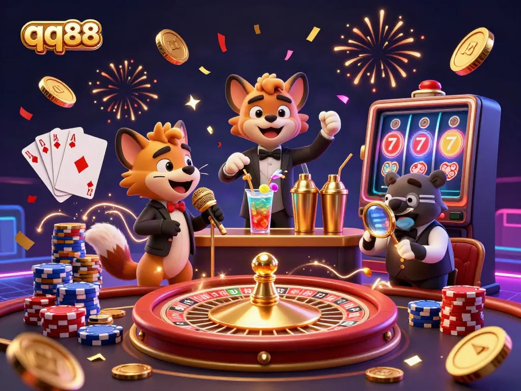Engage with thrilling games at qq88 casino, featuring lively hyenas and luxurious gold details.