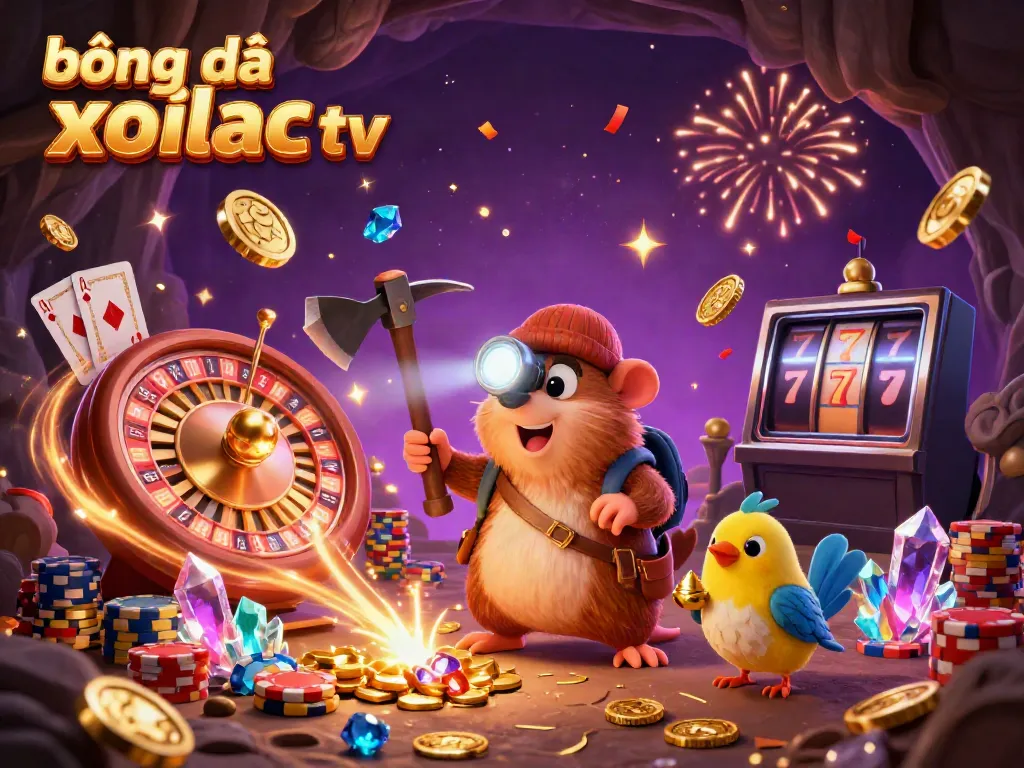 Experience bóng đá trực tuyến xoilac tv in an ultra-detailed 3D treasure hunter scene filled with vibrant casino elements.
