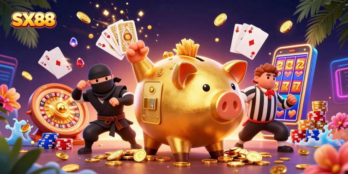 SX88 players enjoy vibrant 3D gaming action with a sumo wrestler piggy bank amid flying coins and roulette excitement.